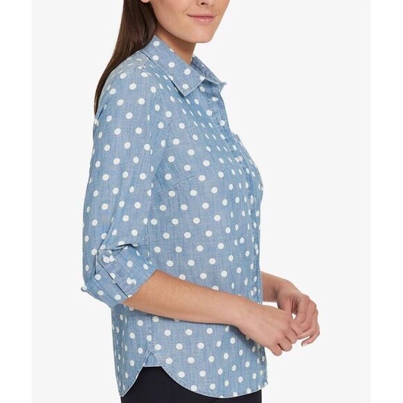 Tommy Hilfiger Women's Small Button Utility Shirt Cotton Polka Dot Chambray Blue - Picture 2 of 9